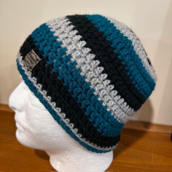 Teal and Black Stripe Hand Knit / Crochet Unisex Winter Beanie NEW - Picture 1 of 6